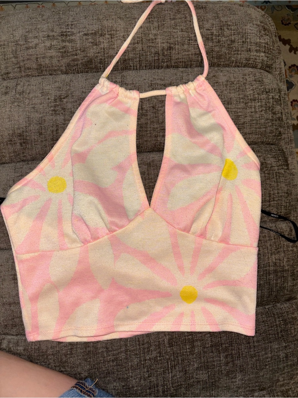 Pink Daisy Halter Crop Top with Yellow Centers